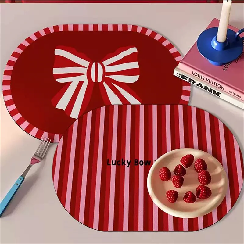 

Red bow oval dining mat, PU leather bow patterned table mat, waterproof, heat-resistant, anti slip, erasable for dining