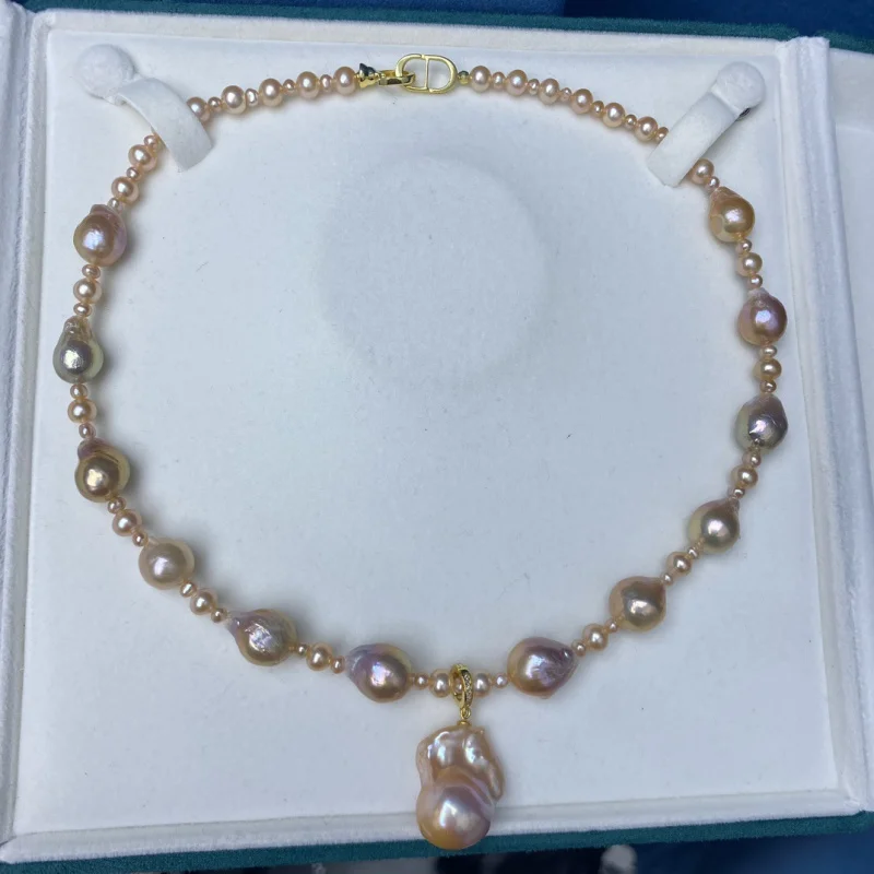 Natural Freshwater Pearl Baroque Orange Pink Necklace Neck Chain Collarbone Chain