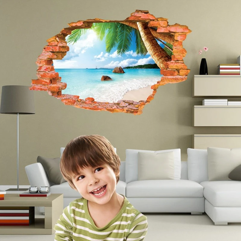 

Fresh Sea View Mural Aesthetic Rooms Wall Hole Art Self Adhesive Vinyl Stickers for Home Decoration Beach Palm Trees Wallpaper