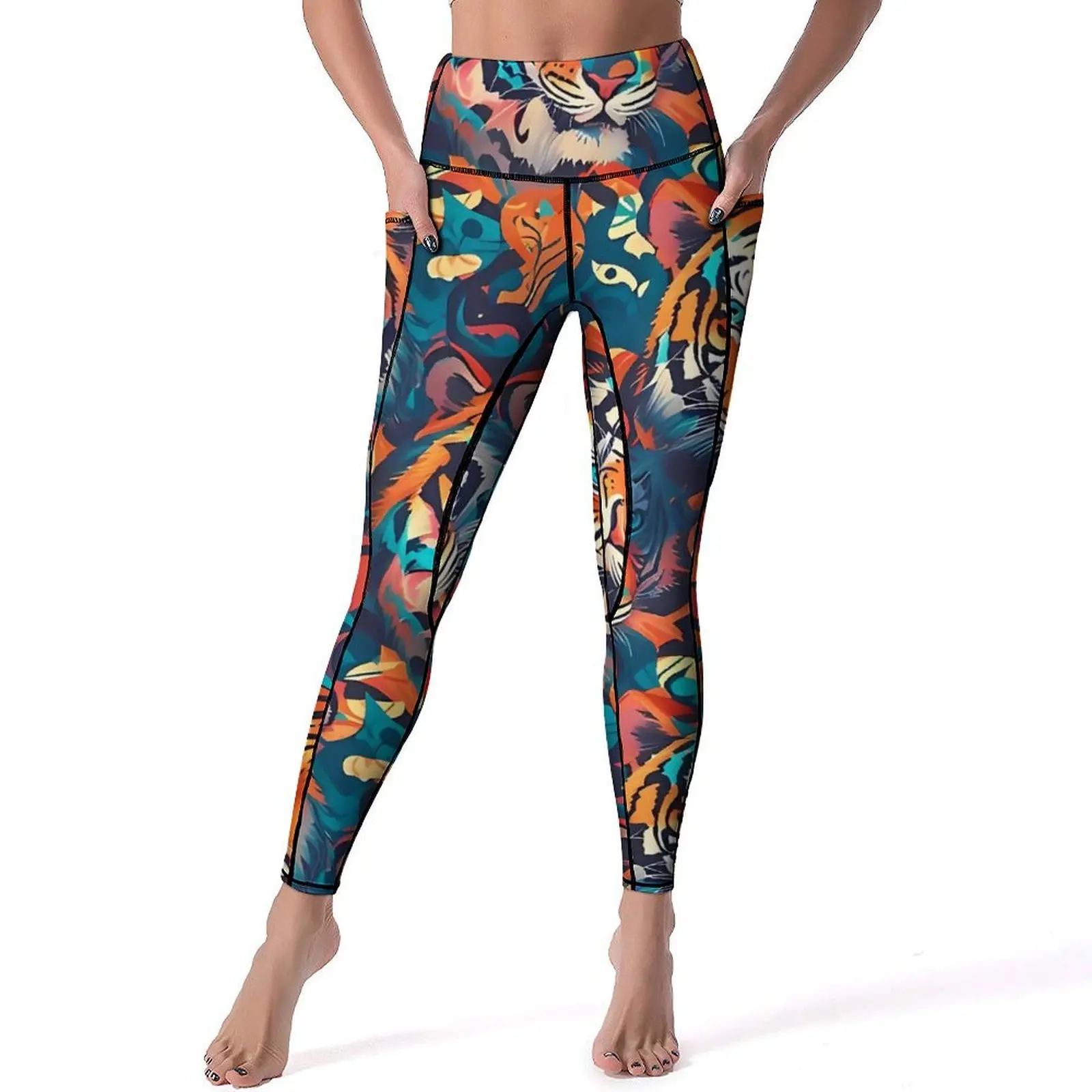 Tiger Camo Pop Art Print Yoga Pants Pockets  Leggings Sexy High Waist Kawaii Yoga Sports Tights Elastic Design Gym Leggins