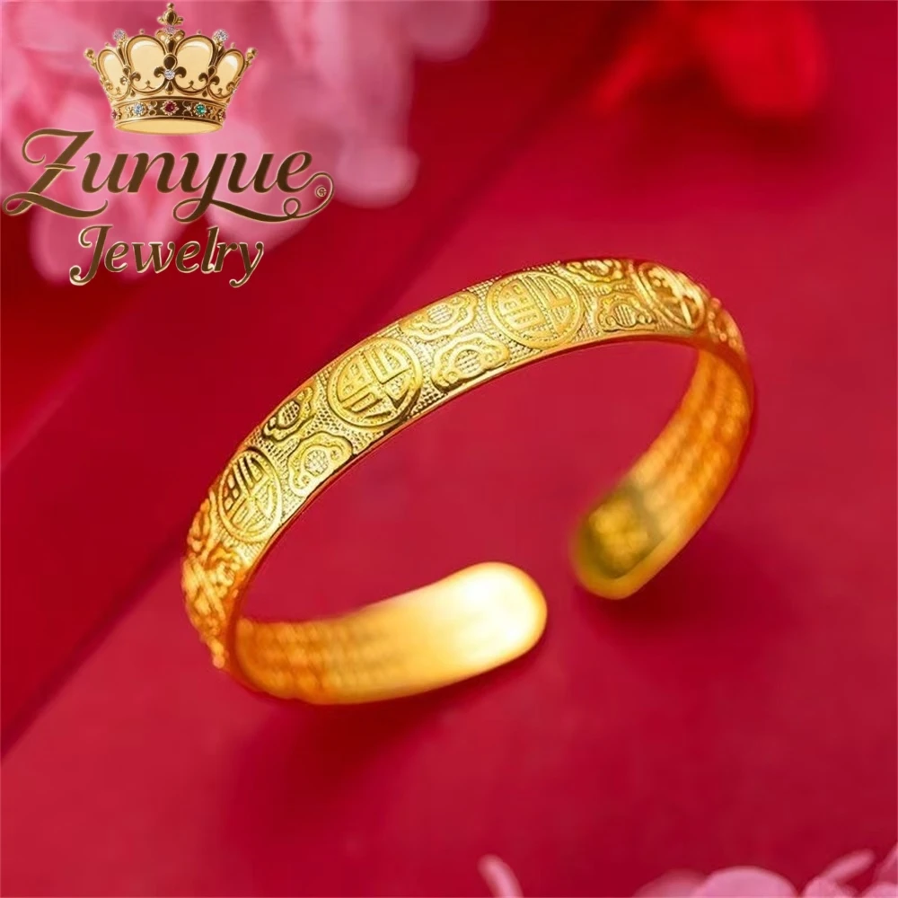 

High-End Sand-Gold Jewelry Retro Chinese Style Hundred Blessing Heart Meridian Opening Bracelet Fashion Jewelry Exquisite Charms