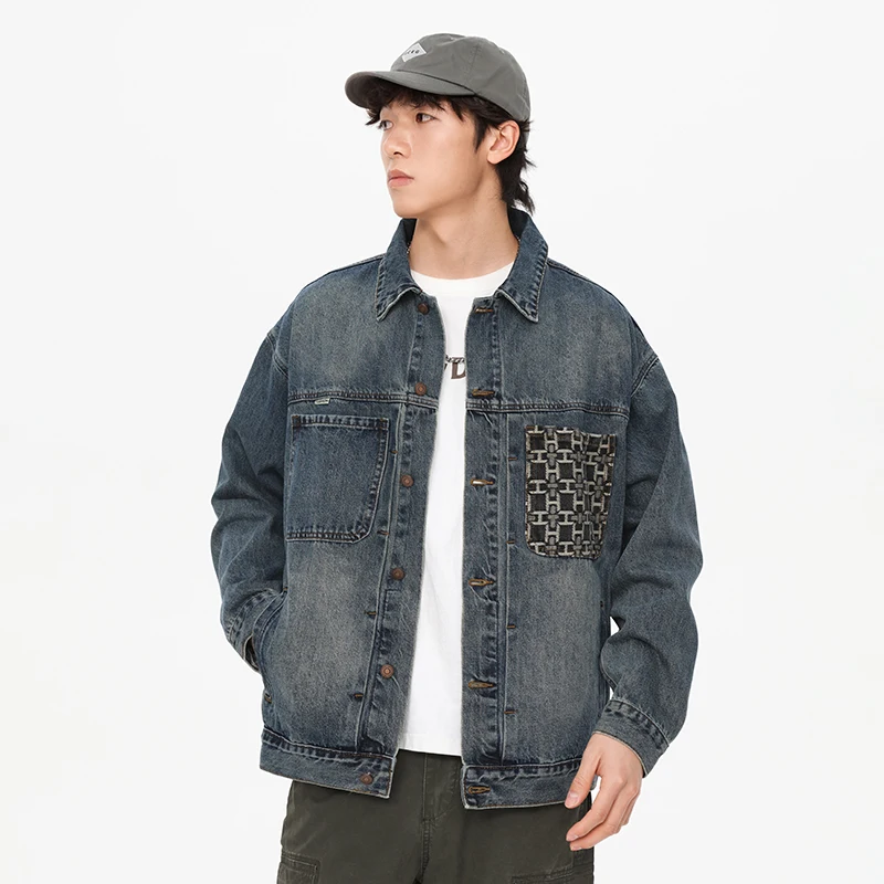 

Vintage embroidery pocket denim jacket men's street fashion Korean styleinsloose cargo washed nostalgic Y2K clothes