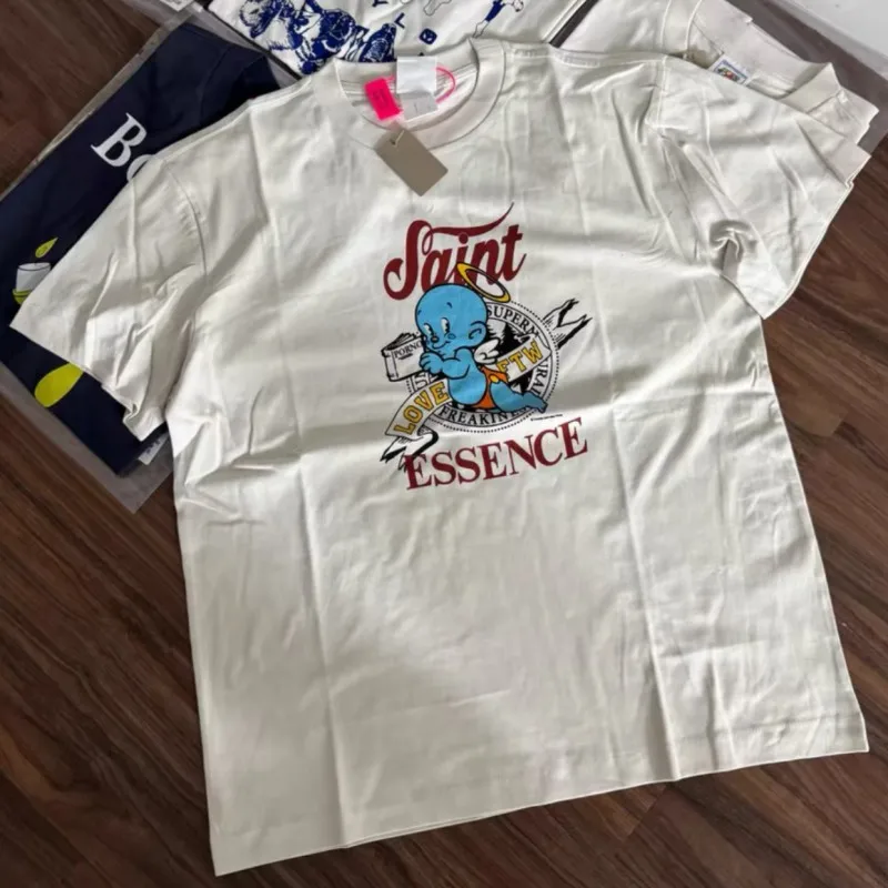 Cartoon Devil Angel Print Summer Saint Tshirt Vintage Street Breathable Cotton White Round Neck Short Sleeve Men Women Top Ttes