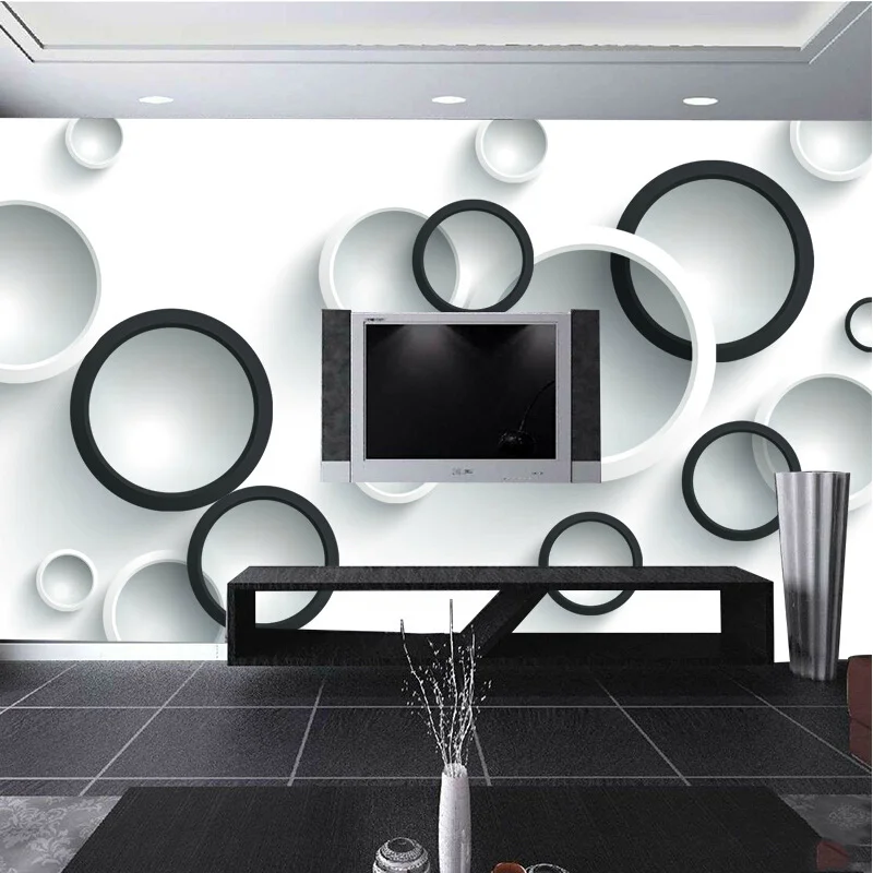 

Personalized 3D Black & White Circle Mural Wallpaper, Modern Art Decor for Office, Living Room, Study, 3D Landscape Wall Photo