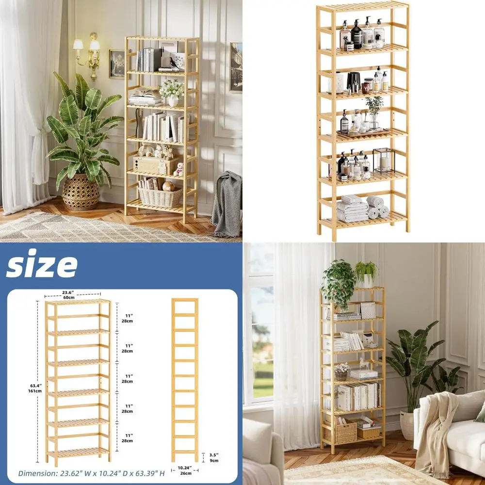 

6-Tier Tall Open Bookcase, Adjustable Bamboo Shelving Unit for Bathroom Storage and Plant Display, Ideal for Small Spaces, Natur