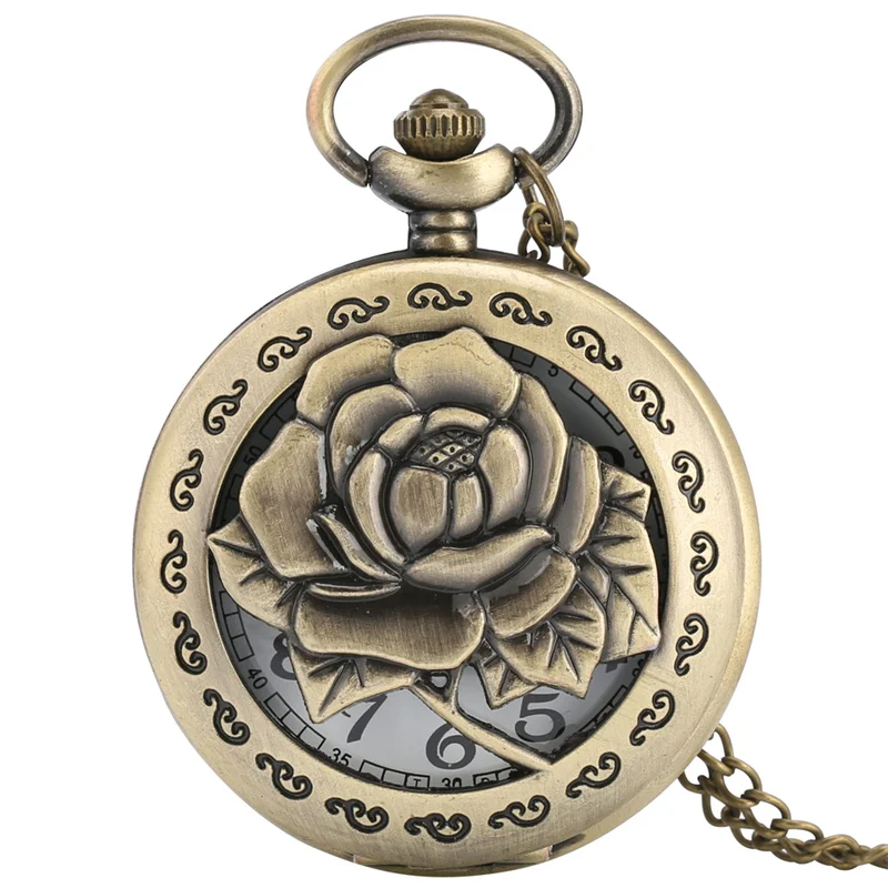 Romantic Rose Flower Pocket Watch Antique Bronze Quartz Fob Watch with Necklace Chain for Men Women Arabic Number Timepiece Gift