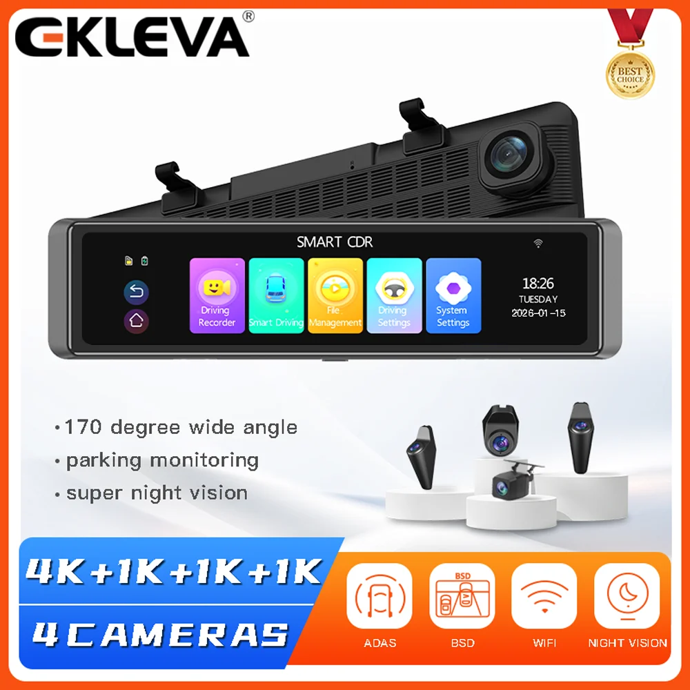 

EKLEVA 4-канальный видеорегистратор 11,26 дюйма 4K WIFI Зеркало заднего вида 4 камеры Видеорегистратор Автомобильный видеорегистратор ADAS BSD Ночное видение 24H Парковка
