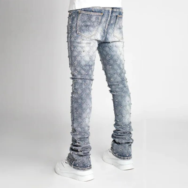 جينز ضيق لؤلؤي قابل للتمدد للرجال 2024 موضة جديدة موضة حجر الراين شخصية الشارع الأوروبي مكدسة الدينيم السراويل #6