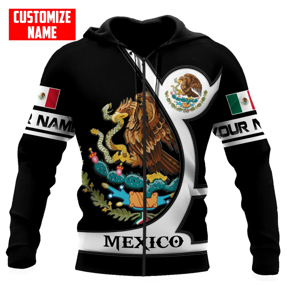 

Mexico National Flag Printing Hooded Zip-Up Sweatshirts Fashion 3D Eagle Pattern Hoodies For Men Personalization Name Loose Tops