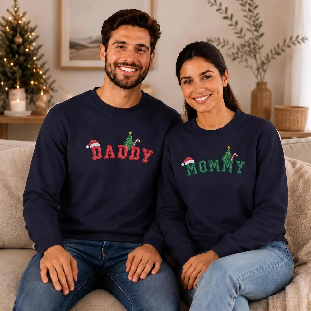 Mommy Daddy Christmas Sweatshirt Custom Matching Parents Faux-Embroidery Sweater Personalized Family Holiday Gift Women Men Tops
