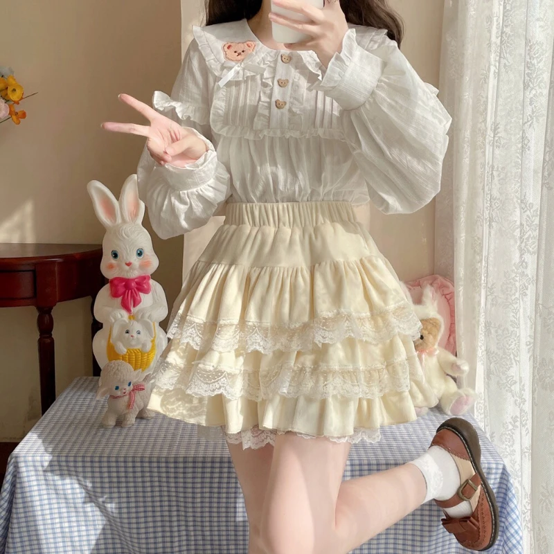 Japanese Kawaii Girl Sweet Cute Lolita Shirt Y2k Aesthetic Cartoon Embroidery Blouse Tops Women JK Loose Button Blusas Femme