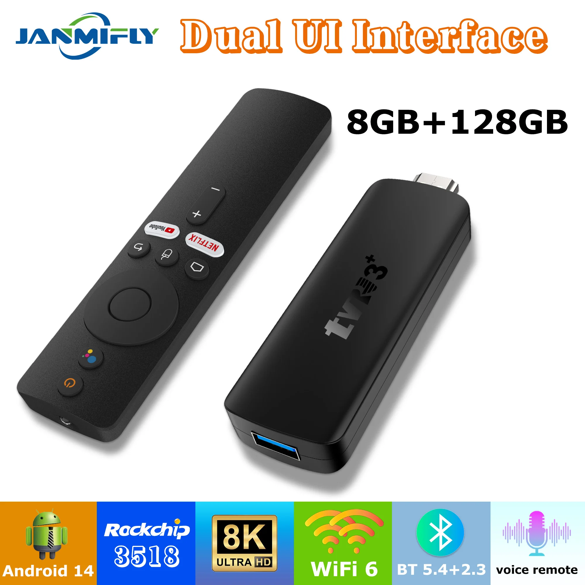 TVR3 + Android 14 TV Stick Rockhip RK3518 Dual Wifi 6 8G128G Quad Core Cortex A53 Supporto 8K 4K BT Lettore multimediale vocale Set top box