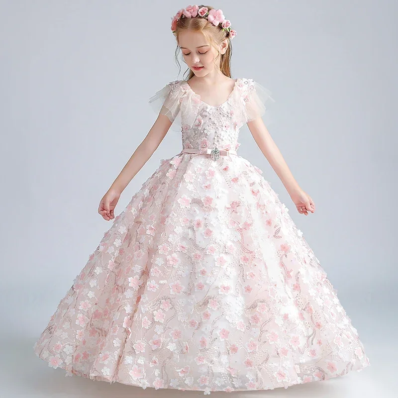 Children Elegant Girls Flower Maxi Dresses Wedding Birthday Party Long Evening Gowns Kids Formal Luxury Princess Pageant Dress