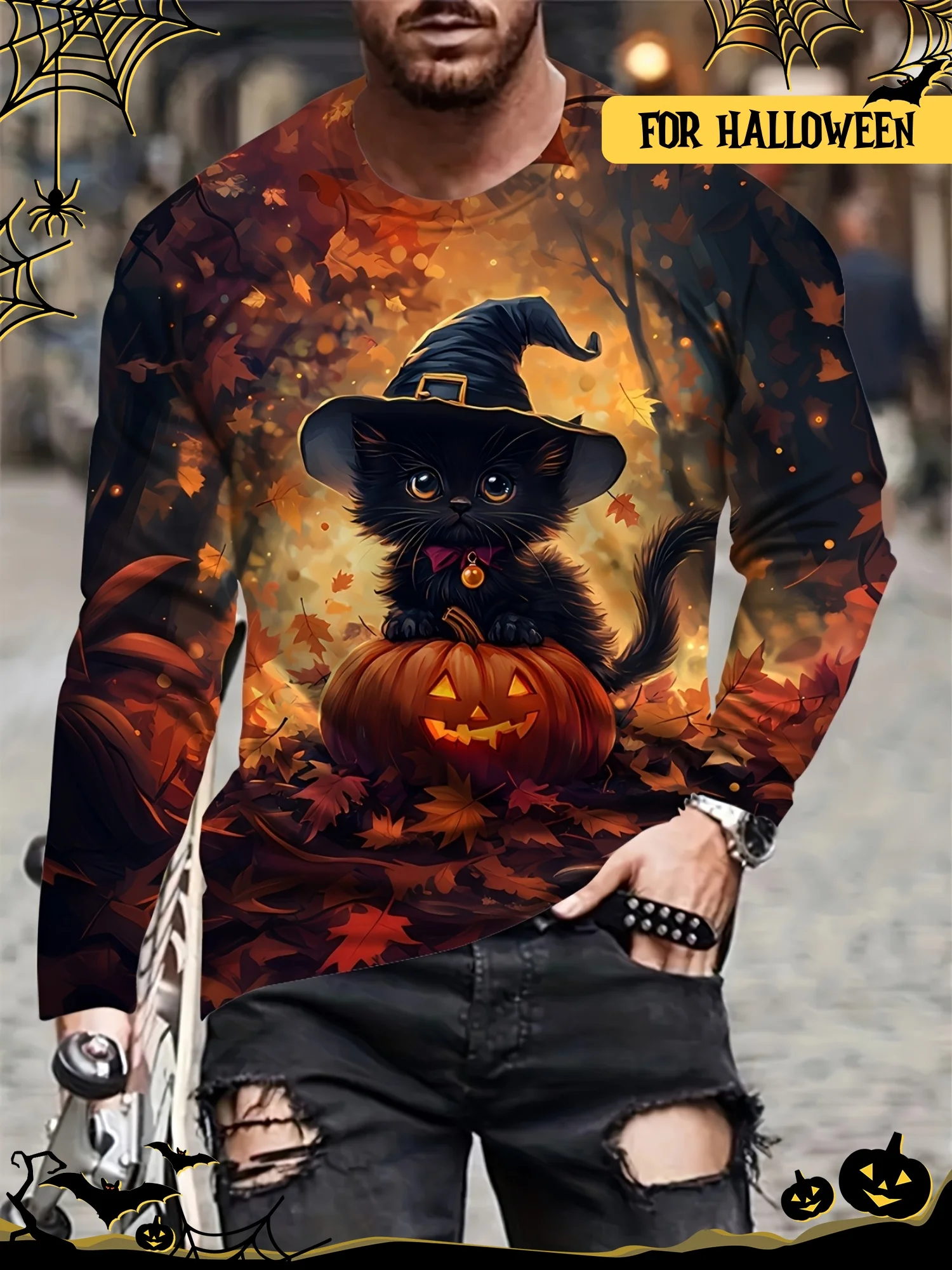 

2025 Мужская футболка с длинным рукавом и принтом кота на Хэллоуин, дышащая, полиэстеровая, можно стирать в машине, повседневная, комфортная ​