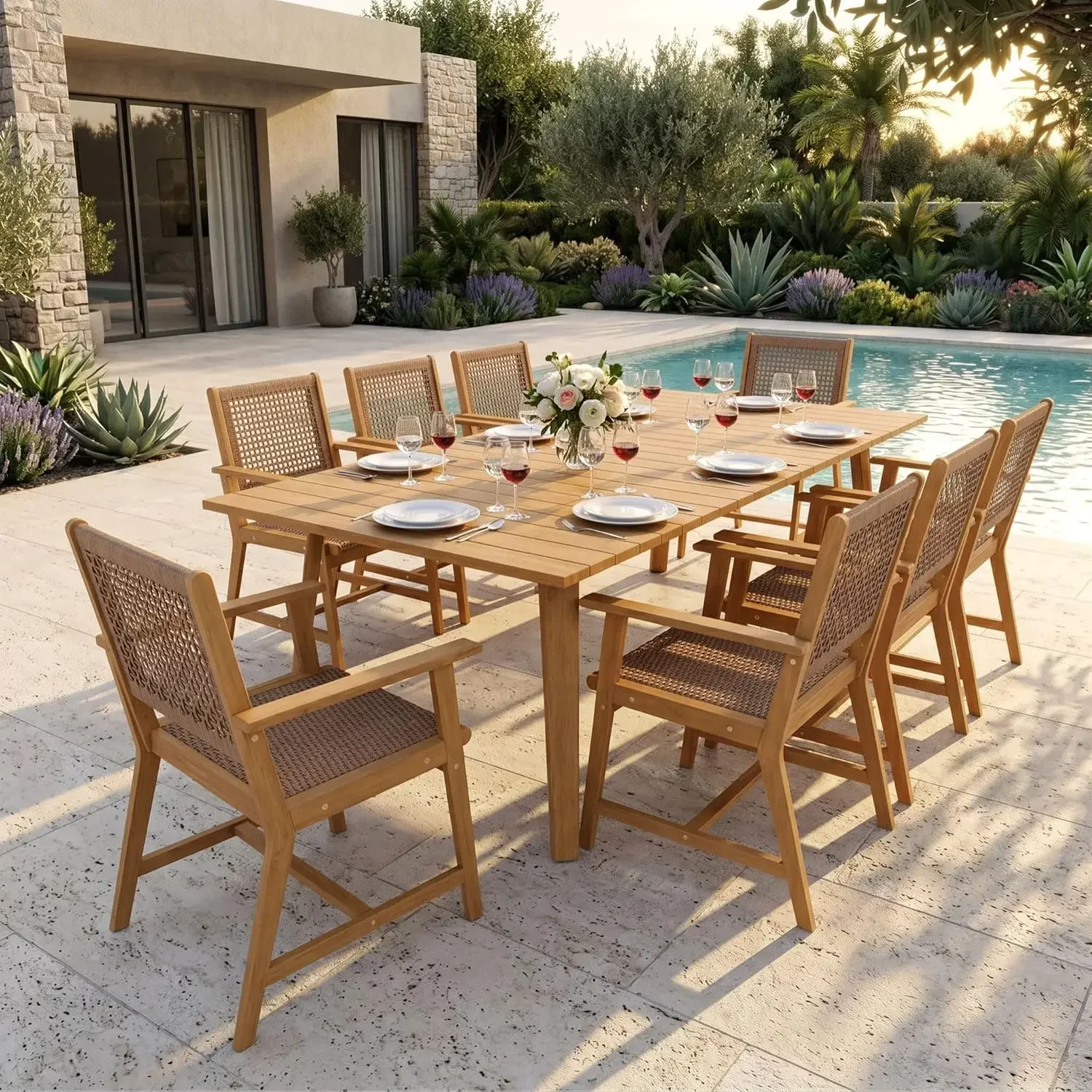 Outdoor Dining Set, Patio Furniture Set with Table and Chairs Set Wooden, Rattan Furniture Set of 8 Chairs and 1 Acacia Wood Rec