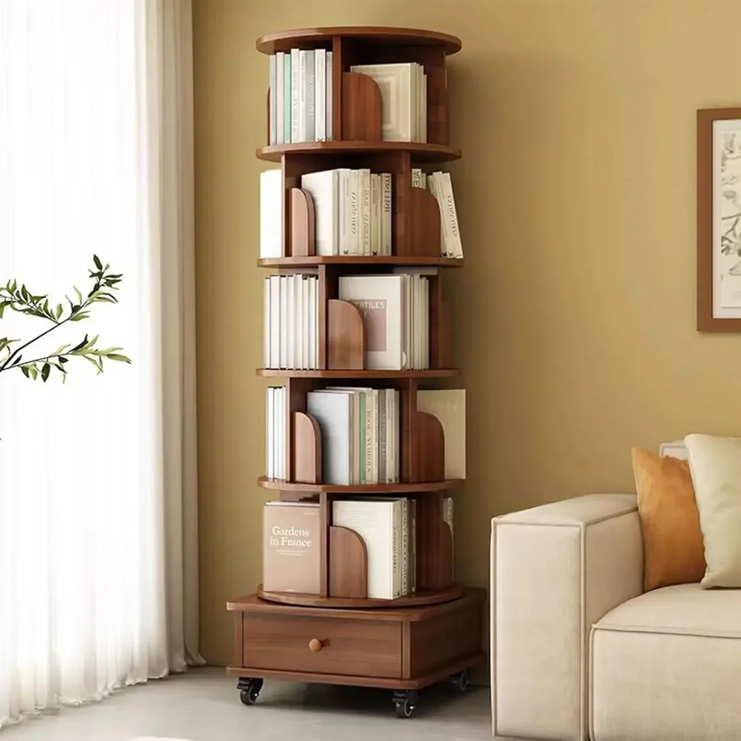 6 Tier Rotating Bookshelf with Drawers On Wheel, 360° Display Spinning Corner Book Shelf Tower, Narrow Tall Bookshelves, Small R