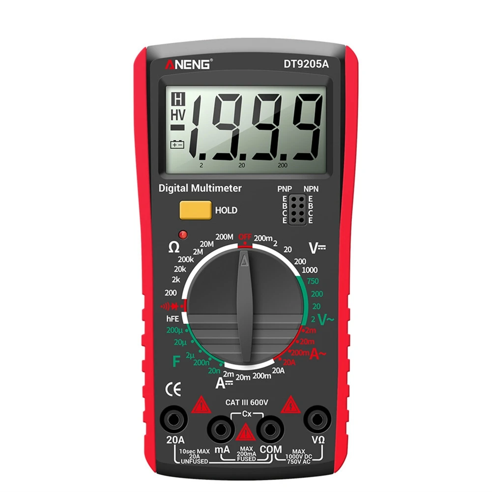 DT9205A Digital Multimeter AC/DC Transistor Tester Electrical NCV Test Meter Profesional Analog Auto Range Red