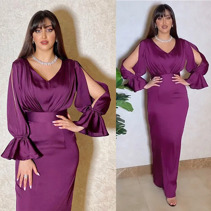 

Middle Eastern Fashion Soft Elegant Waist Cinched Dress Evening Gown Dubai Satin Long Dress