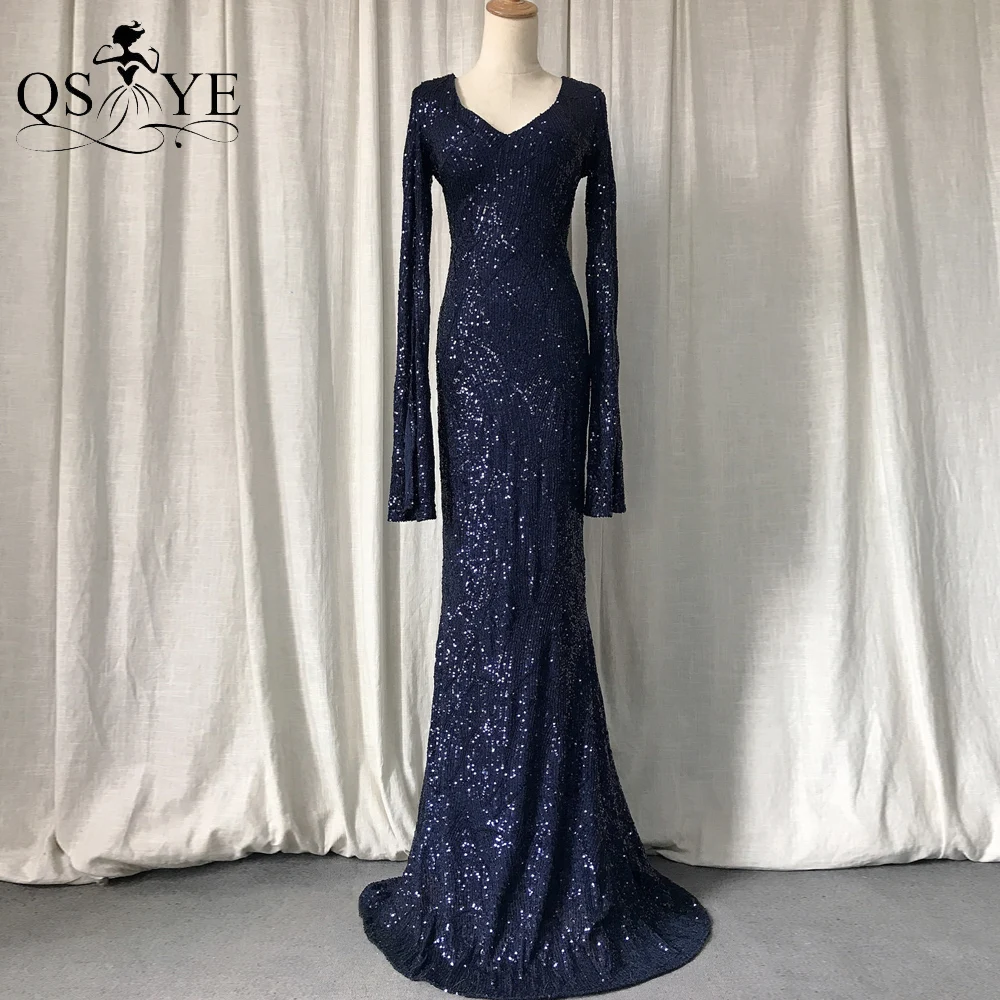 

Navy Sequined Evening Dresses Mermaid Open Flare Long Sleeves Prom Gown V Neck Grid Pattern Lace Fit Woman Celebrity Party Dress