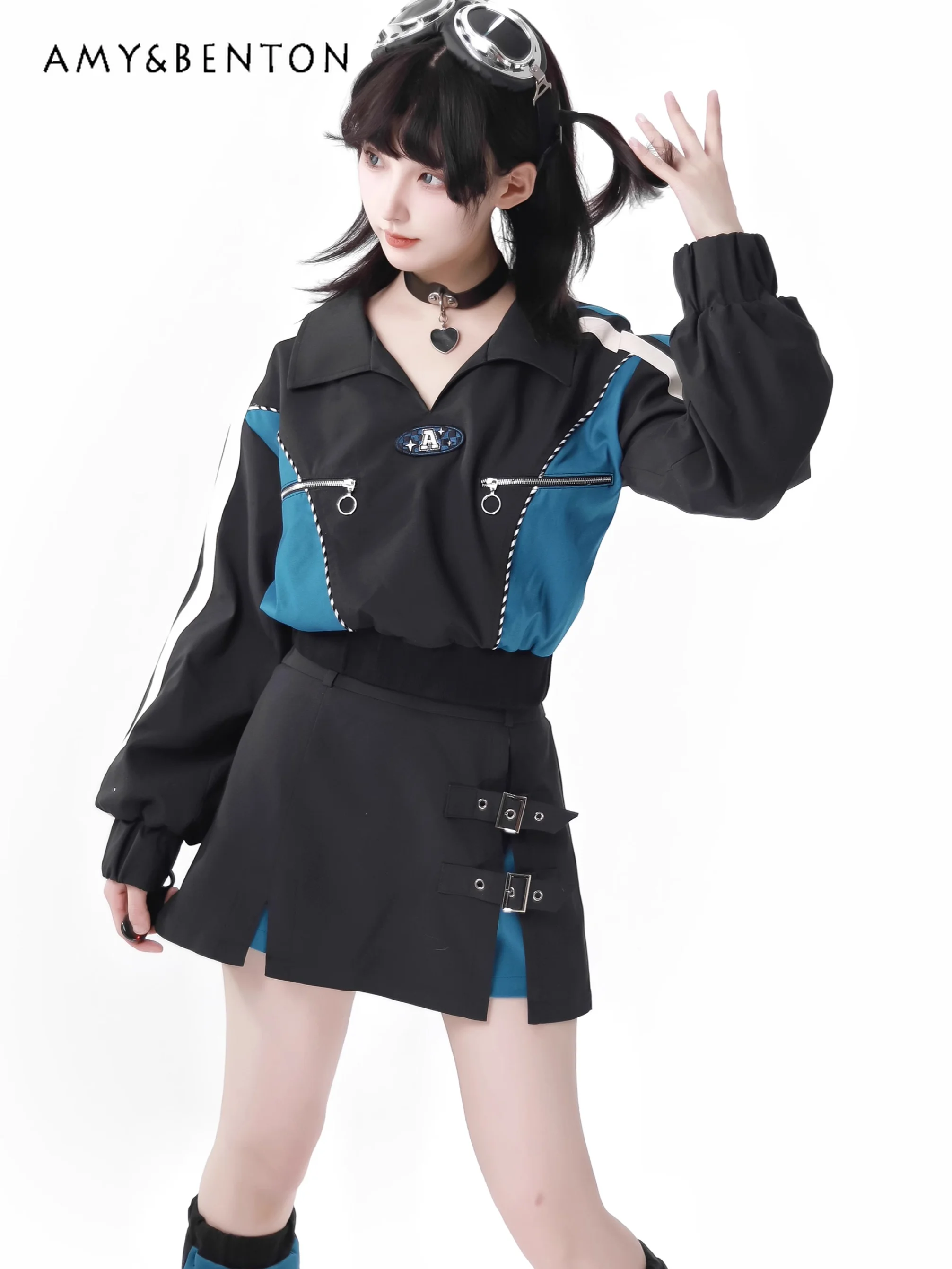 Harajuku Subculture Splicing Function Design Slim Split Outfits Y2K Patchwork Lapel Zipper Shorts Jacket Trousers Two-piece Set