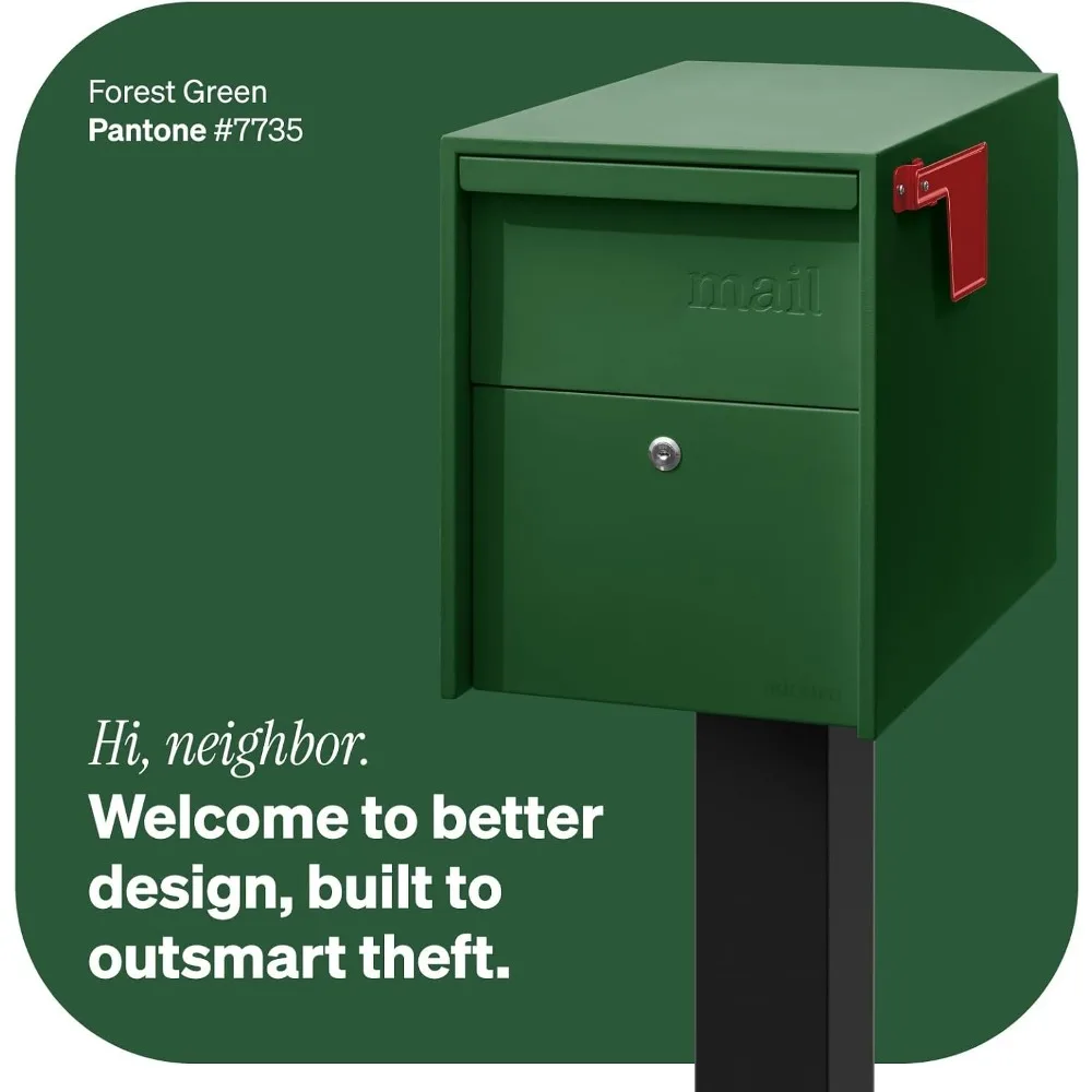 Large Lockable Post Mount Mailbox for Outside, Anti-Theft Steel, Green