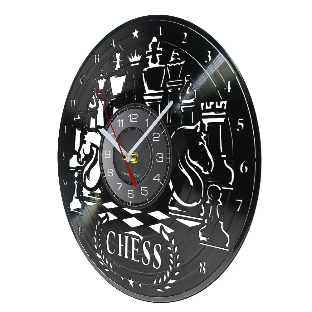 Chess Board Vinyl Record LP Wall Clock Chess Wall Art Home Decor Chessboard and Pieces Silent Non ticking Wall Watch Chess Gift