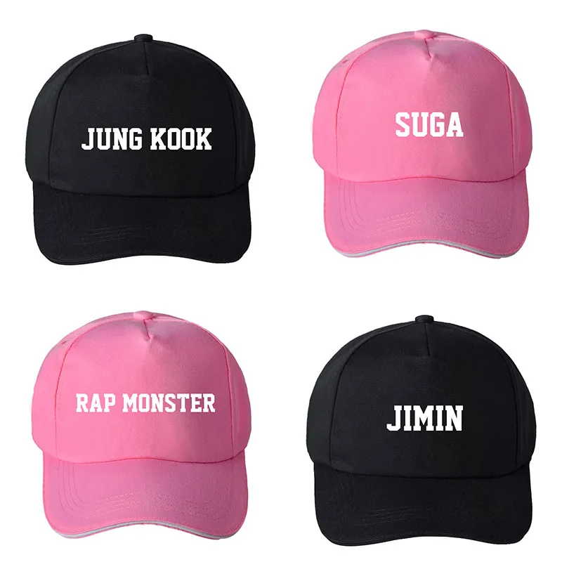 

Kpop Member Name Printed Baseball Cap Taehyung V Jhope Jimin Suga Rap monster Jin Jungkook Pink Black Korean Style Hats