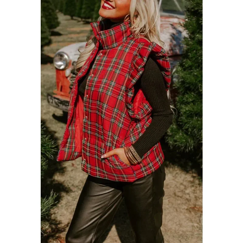 Winter Frauen Plaid Weste Mantel elegante Vintage y2k ärmellose Stehkragen warme dicke Baumwolle gepolsterte Jacke Outwear