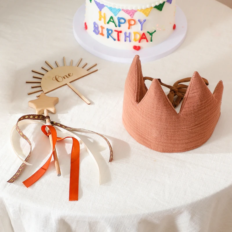 1set Baby Birthday Hat Set Wooden Magic Wand Toy Soft 100% Cotton Crown Hat Boy & Girl Birthday Party Crown Headband Baby Gifts