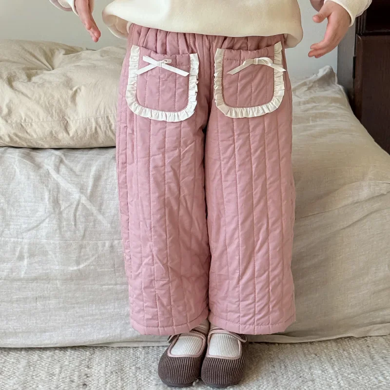 子供用の厚いリボン付きコットンパンツ,女の子用のかわいい服,シンプルでカジュアルな毎日のクリップ,新しい冬のコレクション2022