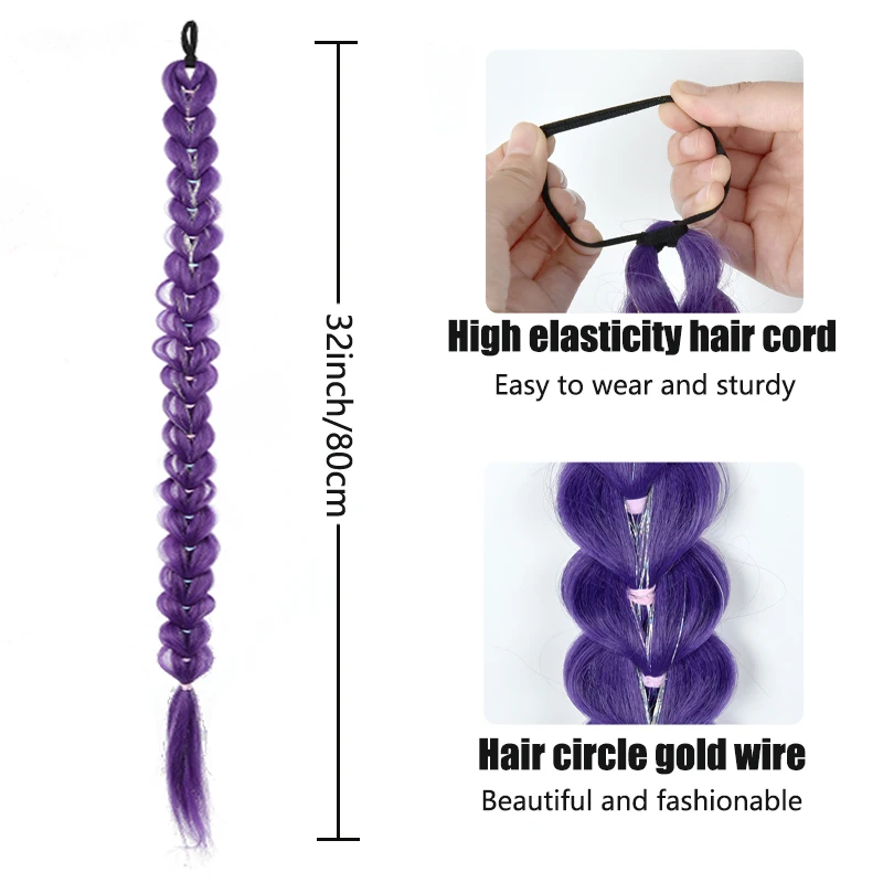 الأرجواني kpop مجموعة الصيد الساحرة رومي تأثيري شعر مستعار أنيمي مع نفس عقال موضوع ذهبي شعر مستعار ذيل حصان جديلة #3