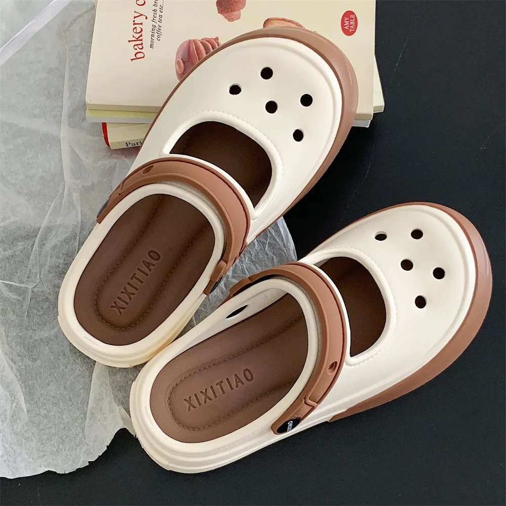 Mary Jane Summer New EVA Thick Sole Perforated Shoes Women Wearing Elevated Soft Sole DIY Solid Color Two Wear Home Slippers