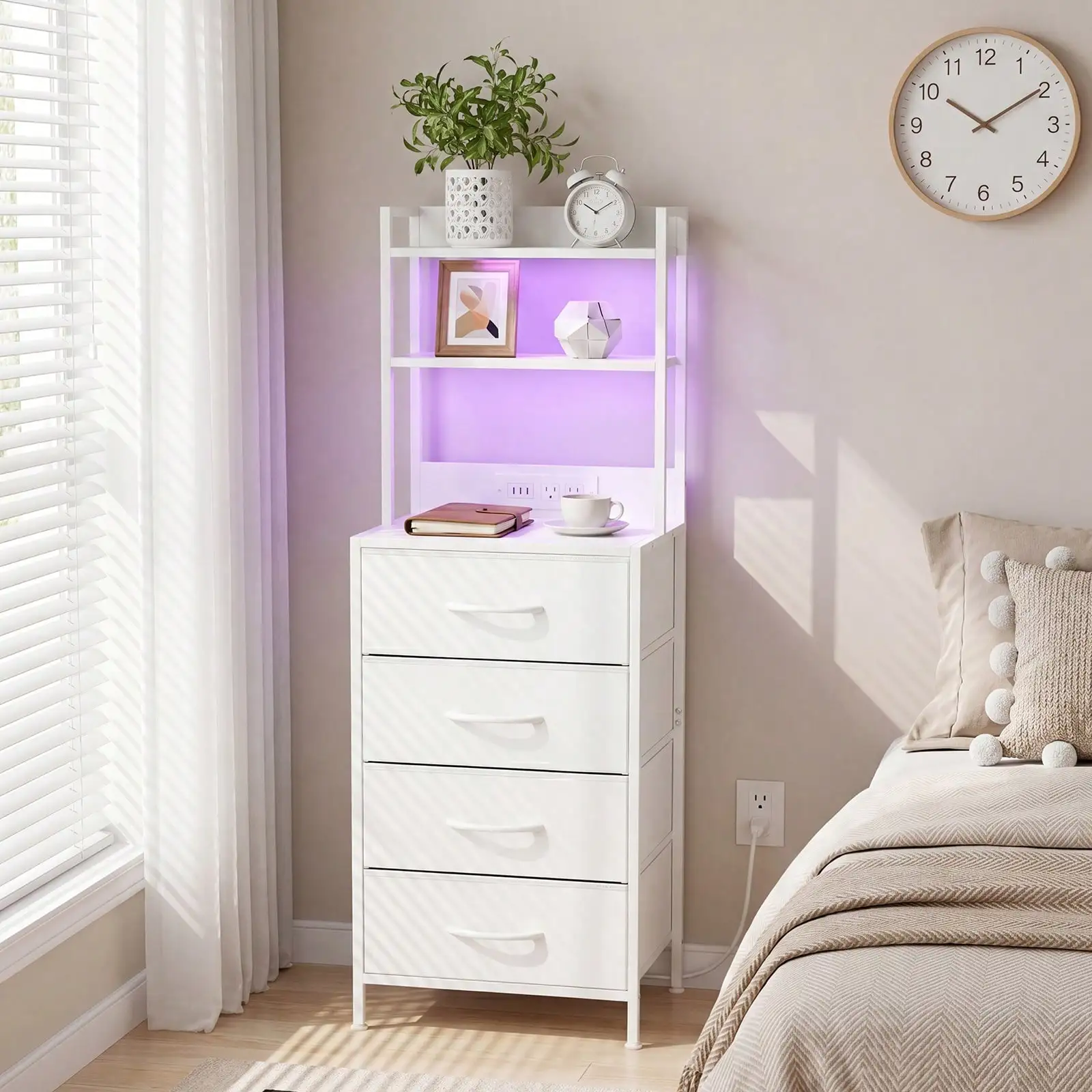 Tomnk Tall Nightstand With Charging Station, 47.4 Inch Led Night Stand With U-S-B Port & Socket, 4 PU Finished Fabric Storage Drawers, Office, Bed Side Table & Bookshelf In One, White