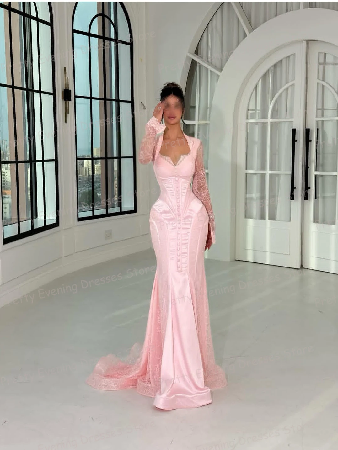 Simple Pink Evening Dresses Buttons Fashion Mermaid Women's Prom Party Gowns Lace Long Sleeve Satin Gala Vestidos De Novia