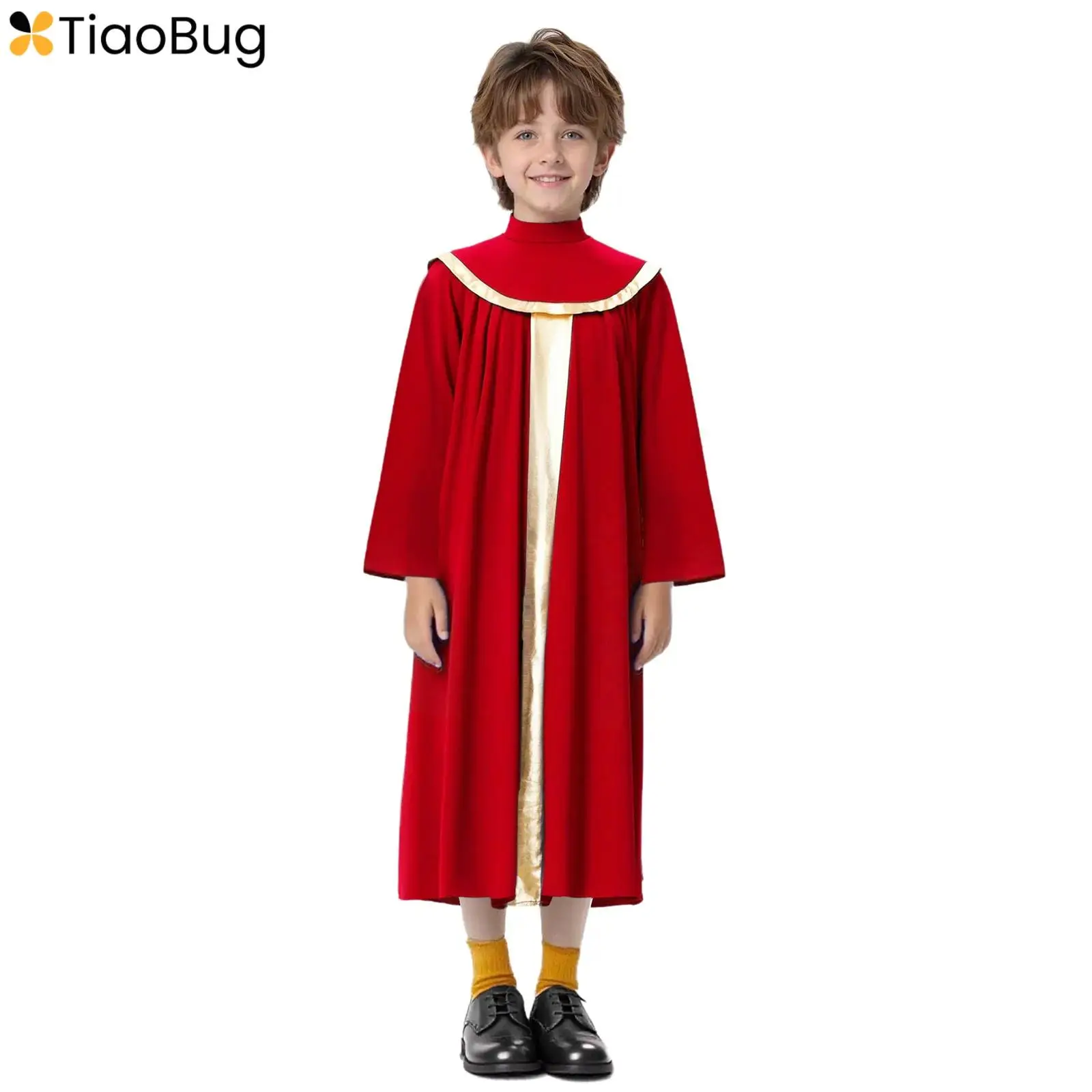 

Boys Girls Choir Robe Worship Praise Dance Costume Mock Neck Long Sleeve Metallic Color Block Patchwork Pleated Dress Grown
