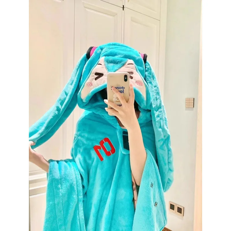 Anime Hatsune Miku Cartoon Kawaii Multifunctional Warm Hooded Shawl Nap Blanket Air Conditioning Blanket Cute Soft Warm Cloak