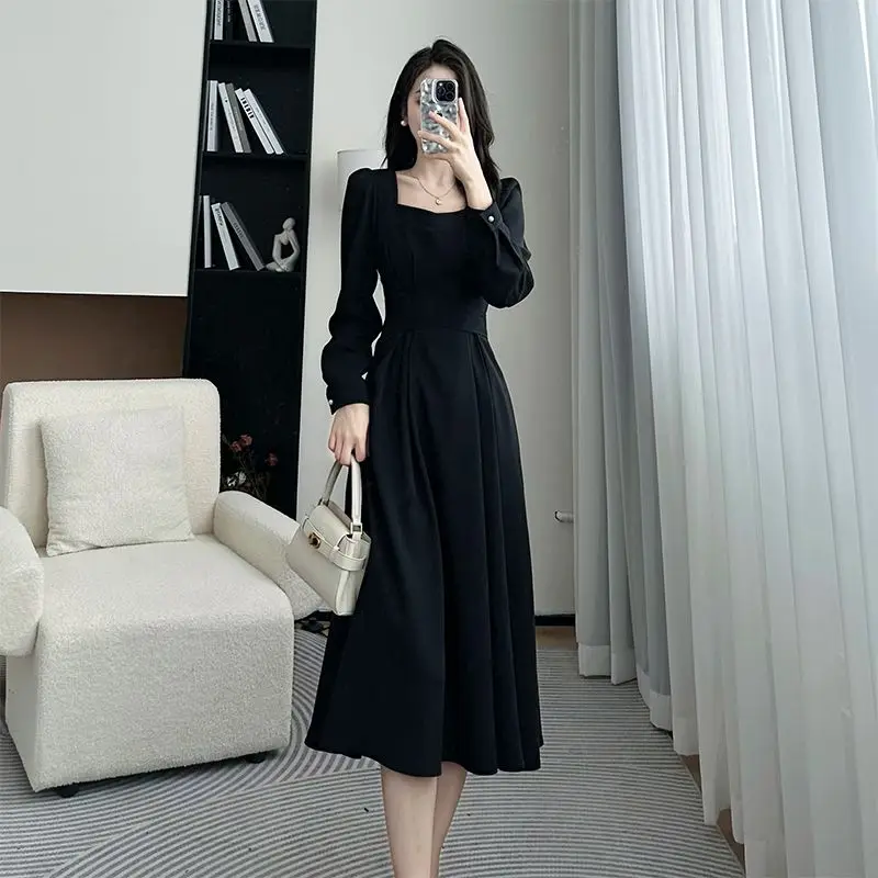 Women\'s Spring Fashion Simplicity Solid Color Square Collar Long Sleeve Dresses Women Clothes Casual Temperament Elegant Dress