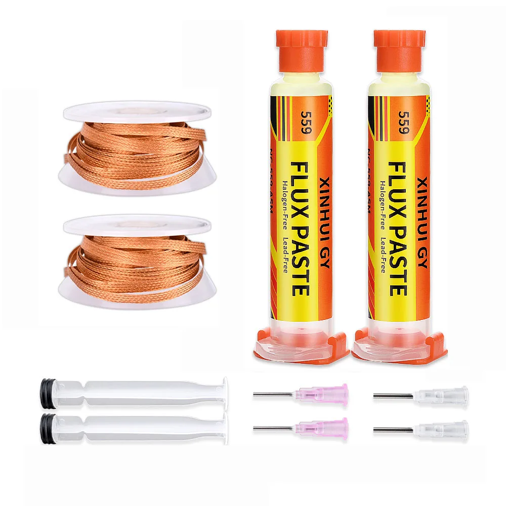 559 Entlötdraht + NC-559 Flussmittelpaste Spritzen-Set, Lötzinnentferner-Set für Elektronik-PCB-Komponenten-Reparatur und Nachbearbeitung