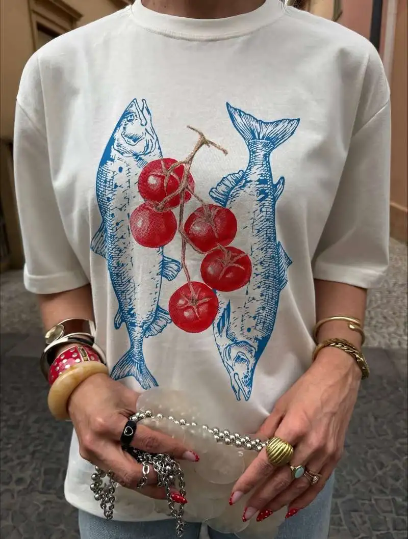 Retro American Vintage Ocean Style Tomato And Little Fish Print Spicy Girl Loose Fit Pure Cotton Short Sleeve T-Shirt for Women