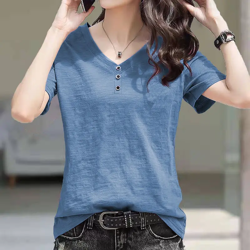 

V Neck Top for Women Plain T Shirts Female Short Sleeve Pulovers Yellow Cotton Linen Tees Luxury New In Tall Sexy Slim O Clothes