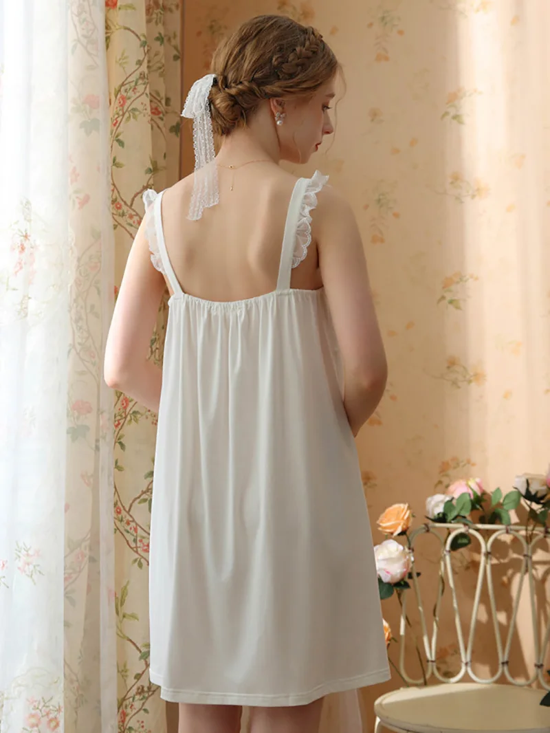 Sexy Lace Backless Victorian Nightgowns Women Summer Princess Nightdress Sleeveless Knitting Cotton Sweet Lolita Home Clothes