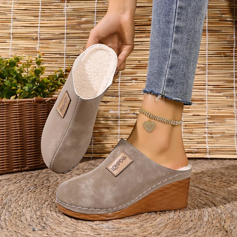 Winter New Simple Style Round Toe Wedge Casual Women's Mules Fashion Solid Lightweight Comfort Warm Outdoor Shoes for Women