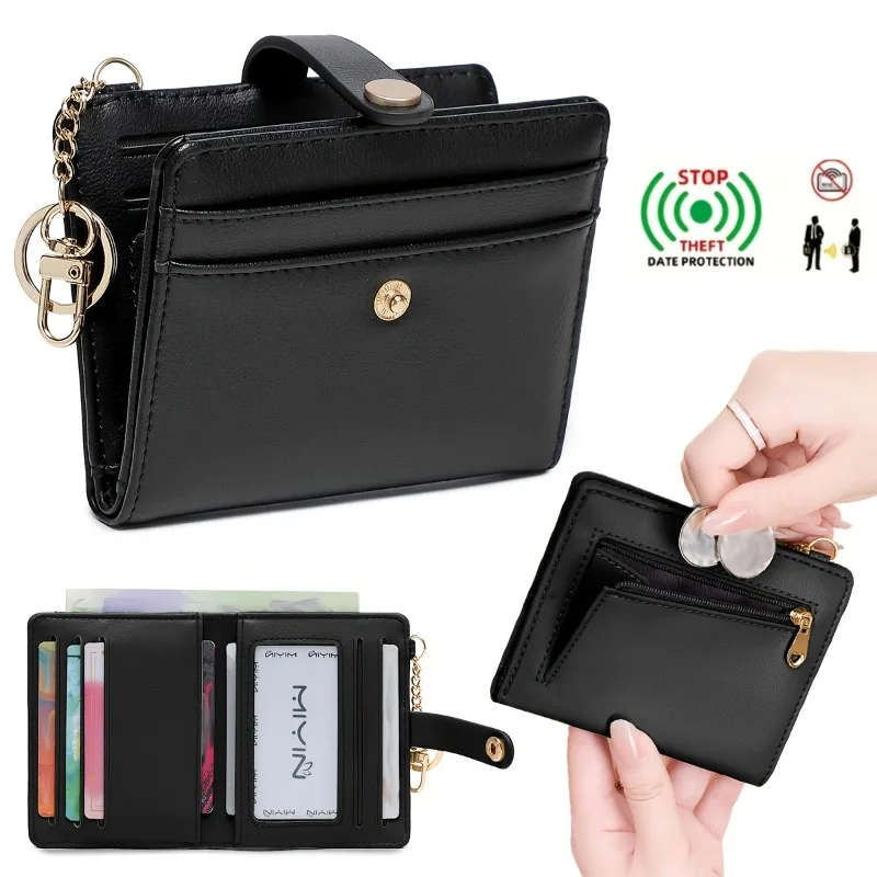 Ultra-thin Women's Wallet RFID Shielded Bi-fold Credit Card/ID Card Holder Minimalist Short Zipper Coin Purse with Keychai