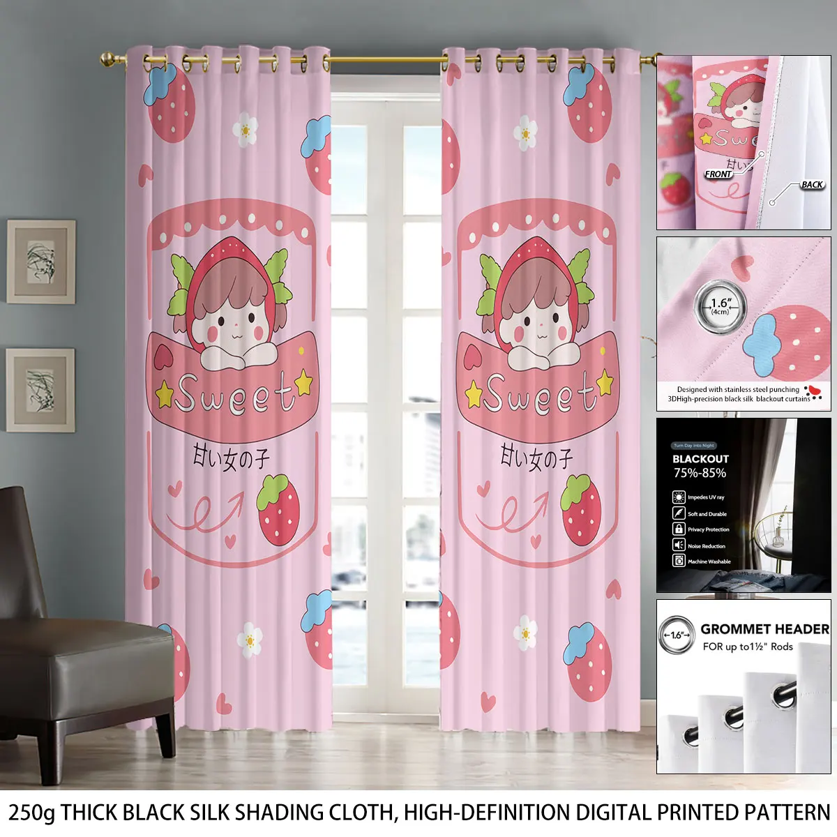 2 Stück niedliche Verdunkelungsvorhänge mit Erdbeer-Mädchen-Aufdruck, mehrere Größen, Wohnzimmer-Isolierung, Dekoration, einfache Installation, maschinenwaschbar