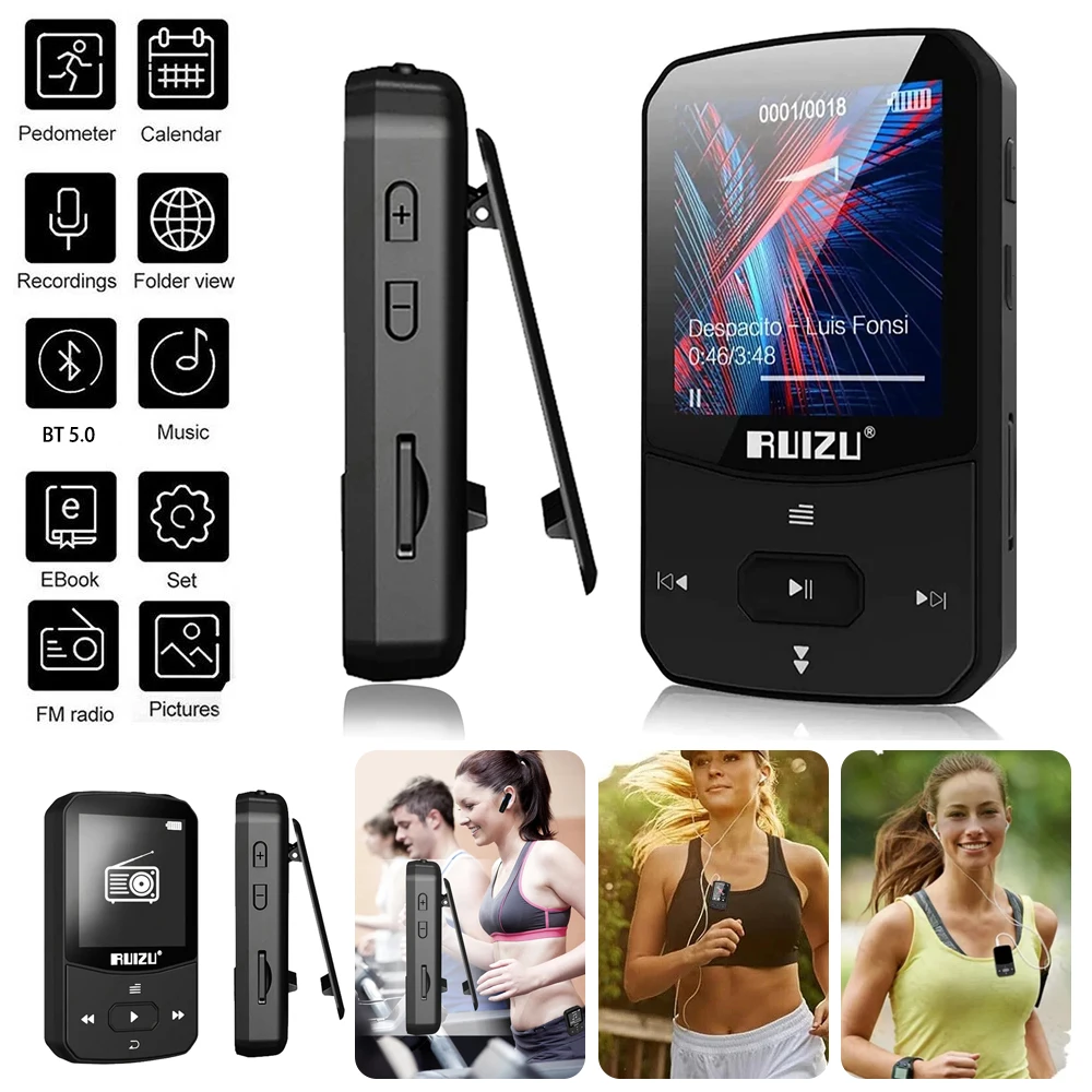 8/16GB RUIZU X52 Bluetooth 5.0 MP3 Player Portable Back Clip Music Walkman FM Recording Clock Pedometer E-book Album MP3 Player