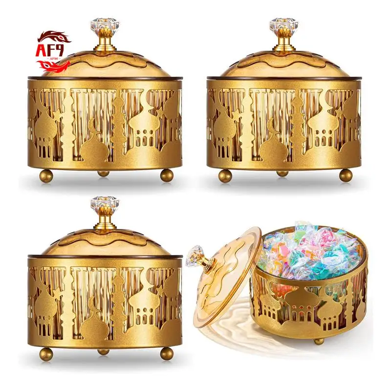 AF90-4 Pcs Ramadan Trays With Lid Gold Eid Mubarak Tray Ramadan Plate Ramadan Decorations Ramadan Food Storage Container