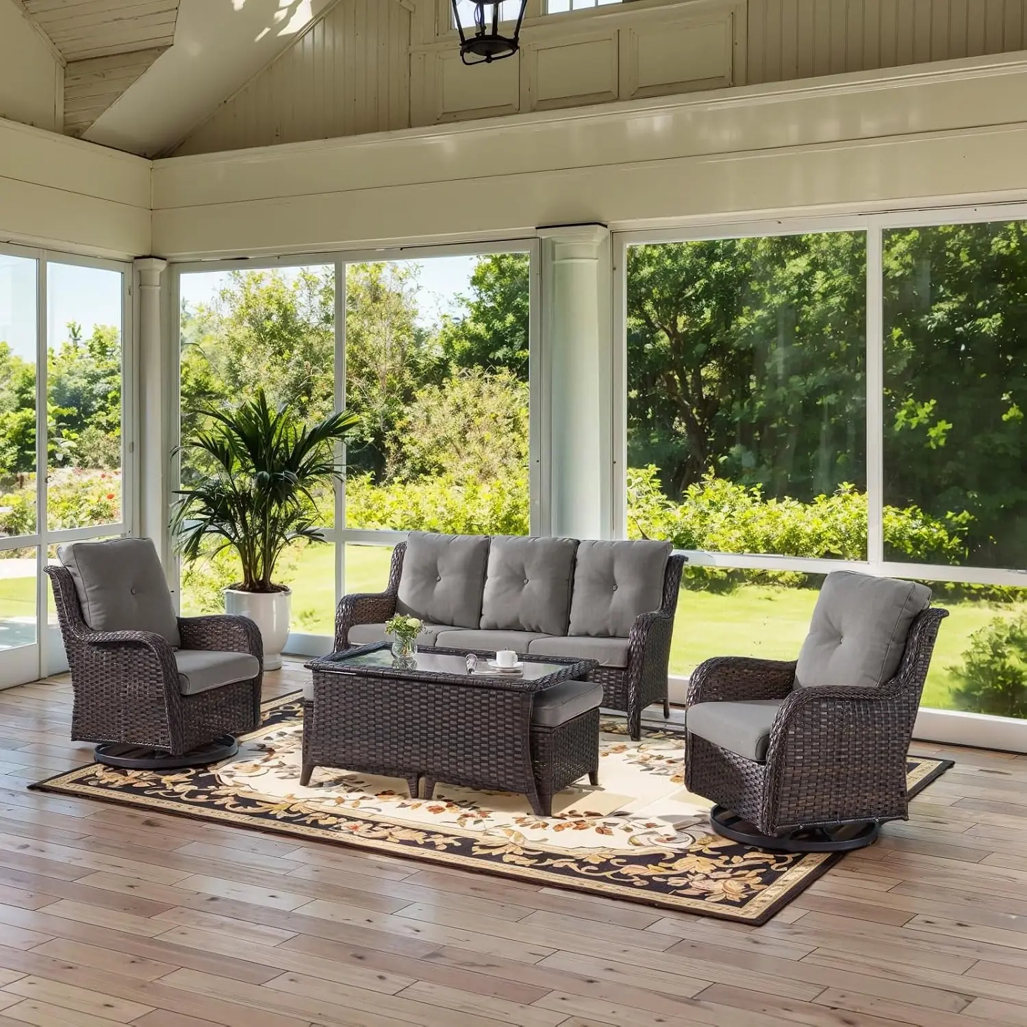 Wicker Outdoor Furniture Patio Furniture Set - 6 Piece Patio Conversation Set with Swivel Rocker Chairs, Rattan, Customized