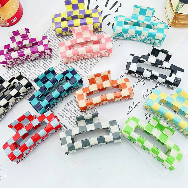 New Arrival Fashion 8cm Medium Rectangle Checkered Hair Clip Claws Simple Acrylic  For Thick Hair Shark Clip Hair Accessories