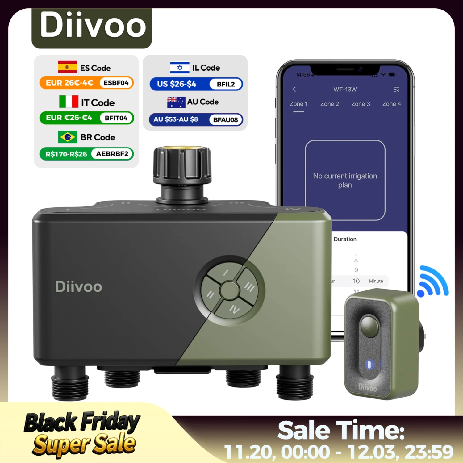 

Diivoo Garden WiFi Watering Timer 4 Zones Automatic Irrigation Timer Watering Systems Controller with Rain Delay Manual Watering