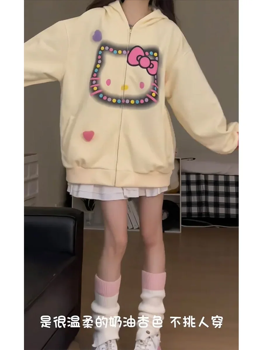 Sanrio Hello Kitty Hooded Sweatshirts for Women College Style Sweet Cool Couple Hoodies Lady Loose Casual Kawaii Cardigan Jacket